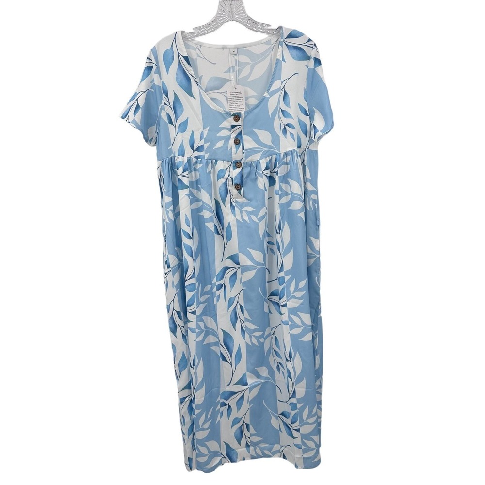 Blue White Leaf Print Babydoll Womens M Midi Dress Short Sleeve Button Front